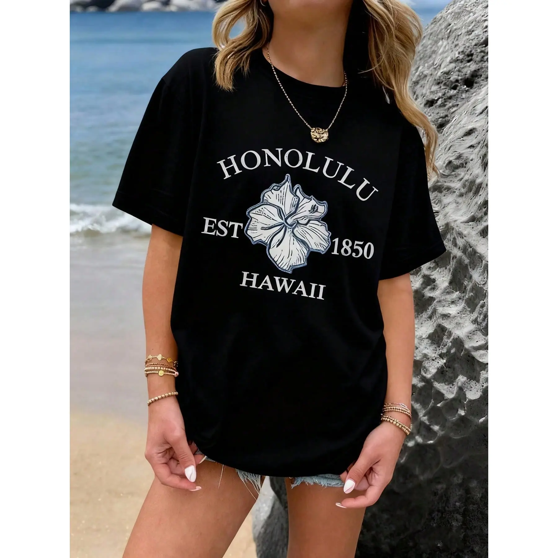 Women’s 2026 New Pure Cotton Hawaiian Hibiscus Floral Print Short Sleeve Loose Fit Sports Top - Breathable, Lightweight, Casual for Beach; Pair with Denim Skirts, Linen Bottoms, Essential, Island, Sleeve Shirt, Comfortable