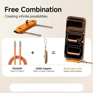 240W SuperCharge 360° Rotating Invisible Stand Detachable 2-in-1 Charging Cable, Zinc Alloy Silicone Type-C Cable, Compatible with Apple and Samsung, Essential for Gaming, Office and Car Use | Single Head, Set.