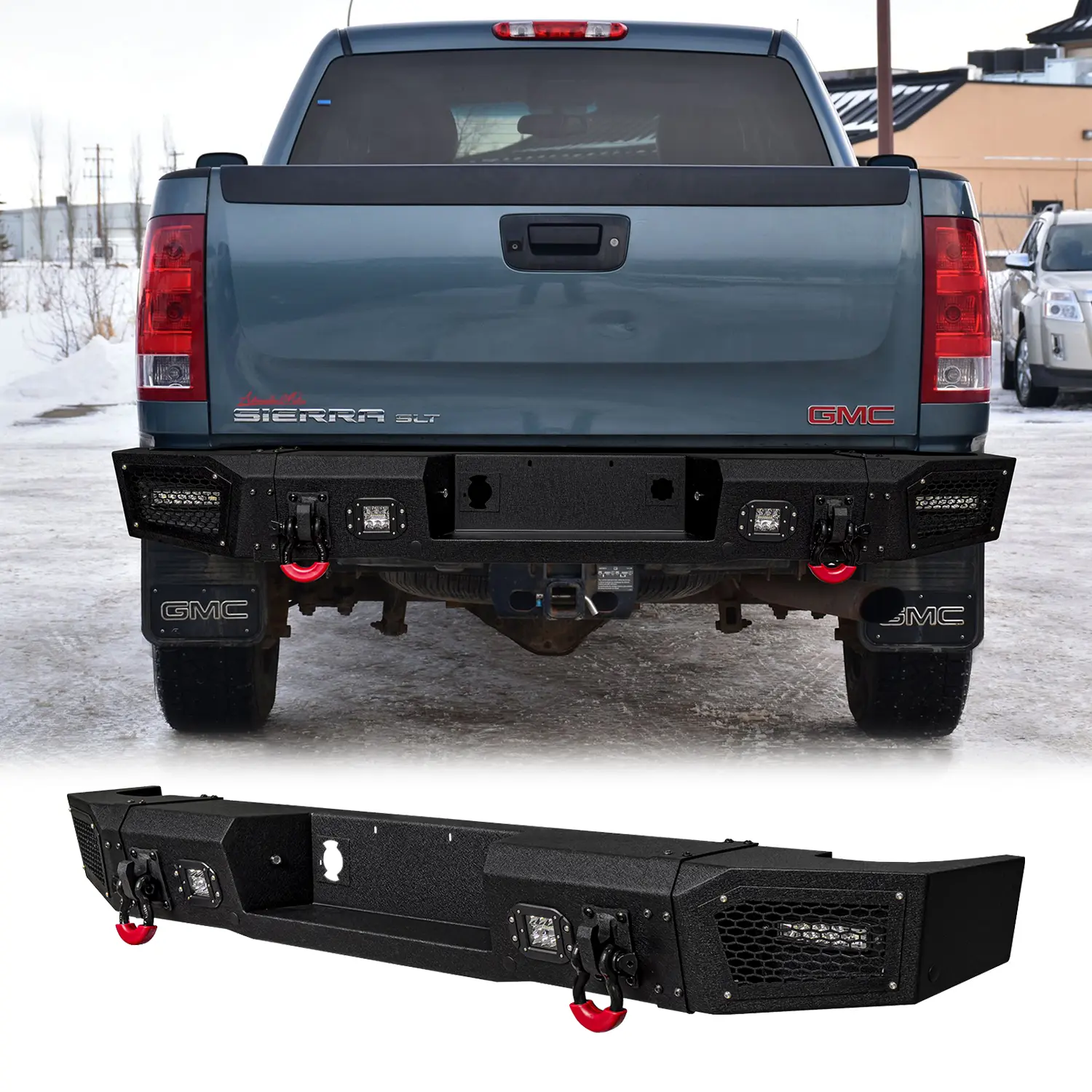 Vijay Black Texture Steel Rear Bumper - Car Accessories for 2011-2014 GMC Sierra 2500/3500 & Chevy Silverado 2500/3500 (GMC/Silverado Vehicle), Off-Road Part with LED Lights, 2 D-Rings, Simple Screw Installation, Enhances Appearance, Improves Visibility,,