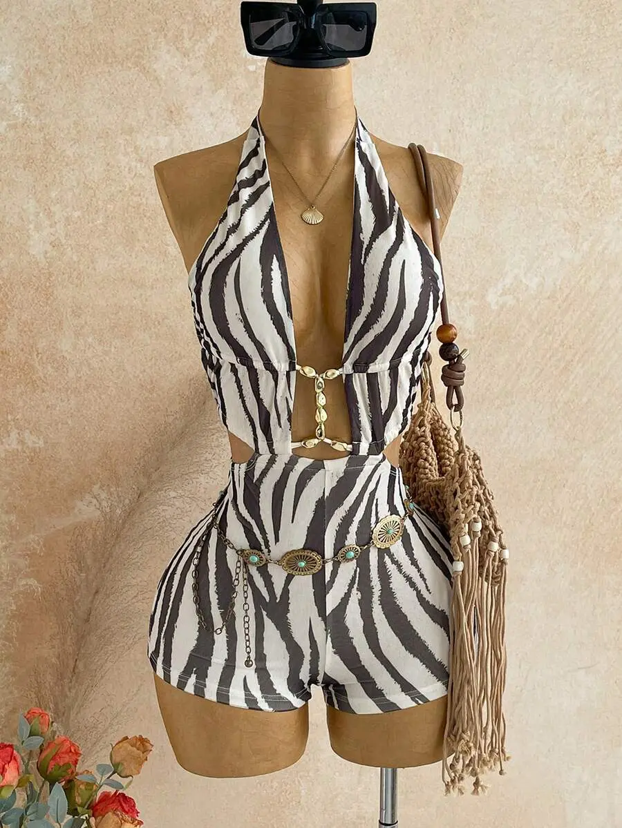 ICONIX Sexy Front Cutout Beaded Decor Zebra Print Fitted Jumpsuit For Vacation, Beach, Music Festival, Boho Bohemian, Date, Nightclub,