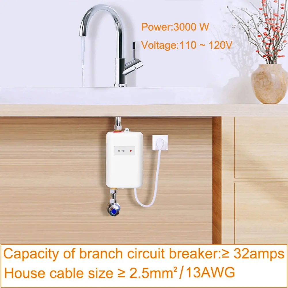110v 3000w Instant Water Heater, Tankless, Rapid Heat System, Under Sink Installation, On-Demand Electric Water Heater, Slow Flow for Hand Washing, Water Warmer