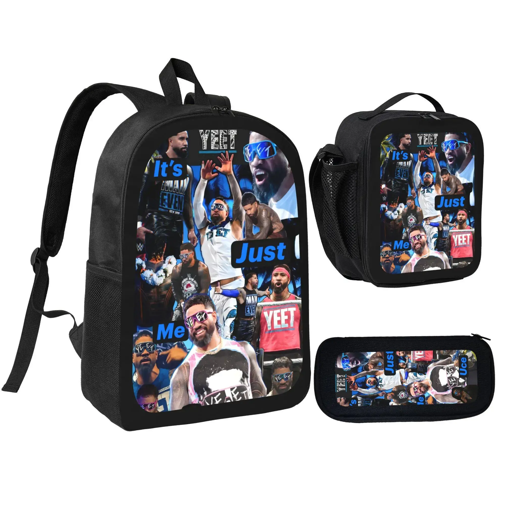 3PCS YEET Wrestling themed Backpack Daypack Gaming Shoulder Bag Leisure Travel Adjustable Strap Backpacks 17in