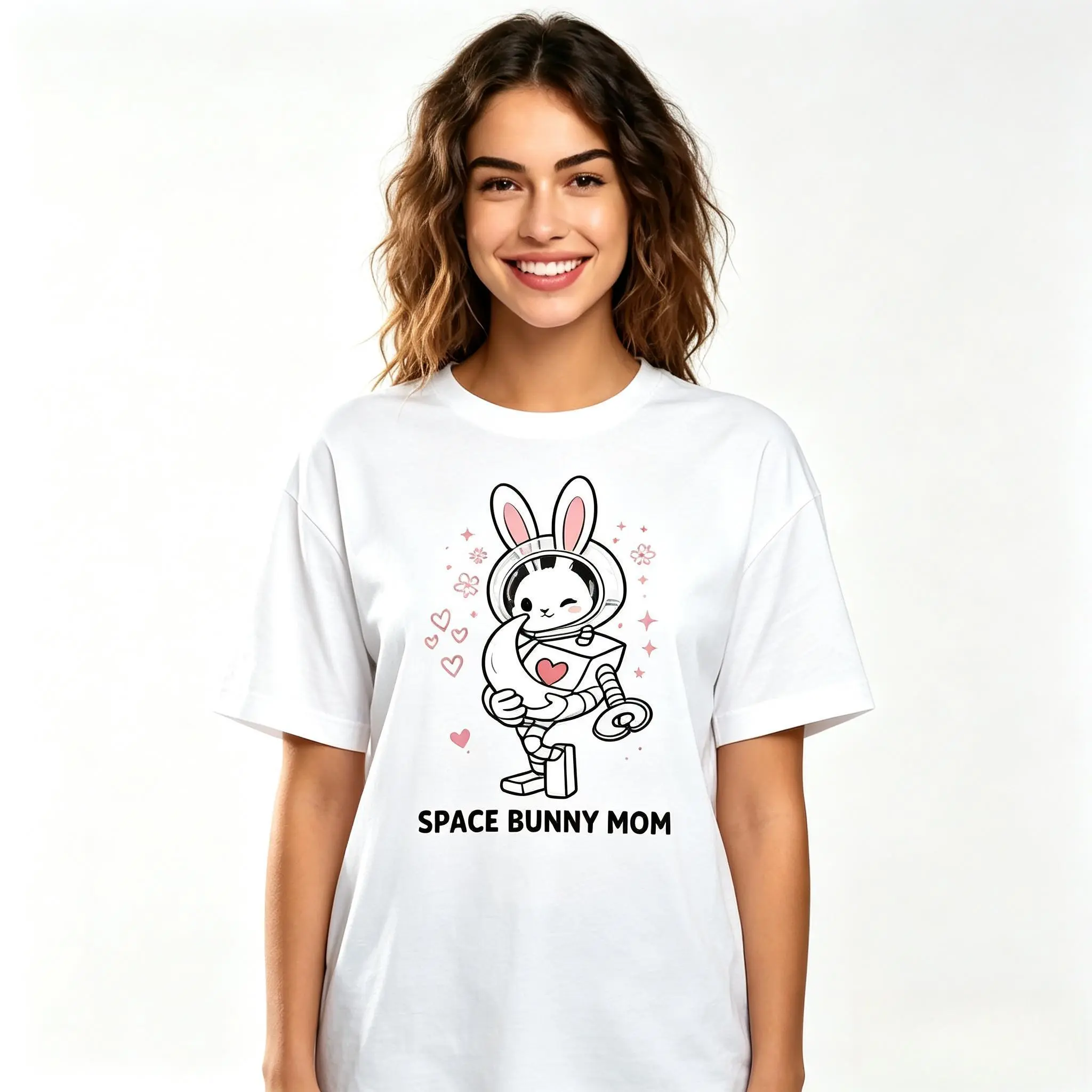 Graphic T-Shirt Featuring Astronaut Space Cat And Space Bunny Matching Design For Couples