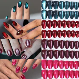 96pcs Almond Shape Glossy Nail Tips Set, Short Oval Cat Eye Design, Medium Length Acrylic False Nails with Storage Box for Women & Girls