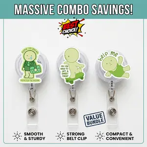 [Best Value Bundle] Funny Work Mood Smiskii Badge Reel - Cute Character ID Tag Holder - Aesthetic Retractable Clip