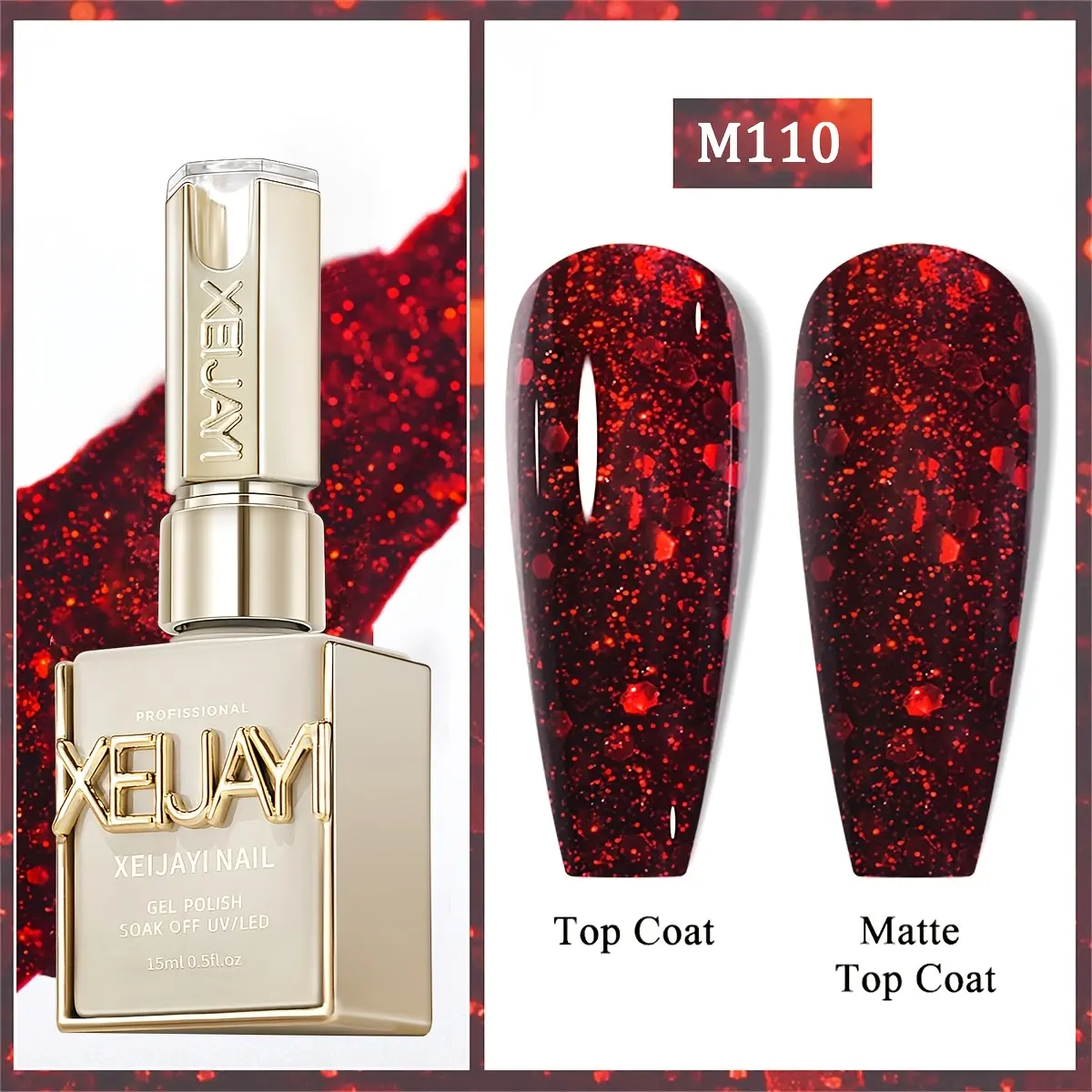 XEIJAYI Burgundy Rose Glitter Nail Gel - Single Item Cosmetic, Size 110 Highly Pigmented LED Polish, Vibrant Durable Long-Lasting, for Nail Salons & DIY Home Manicures, Nail Polish