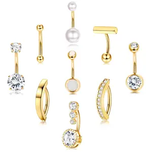 FIASASO 9 Pcs Belly Button Ring - Surgical Stainless Steel CZ Belly Rings Clicker Belly Piercings for Women Navel Piercing Jewelry Pack