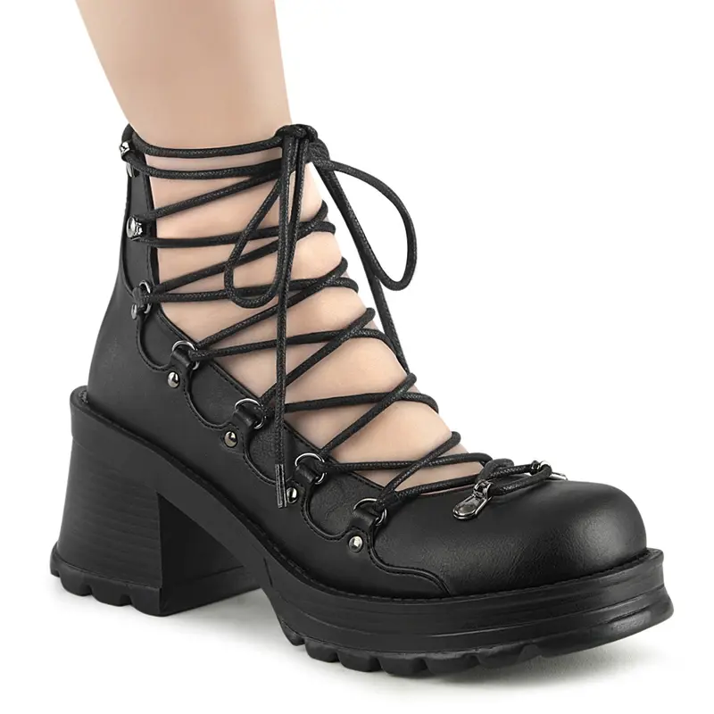 Demonia Bratty-32 Black Faux Leather Lace Up Platform Shoe
