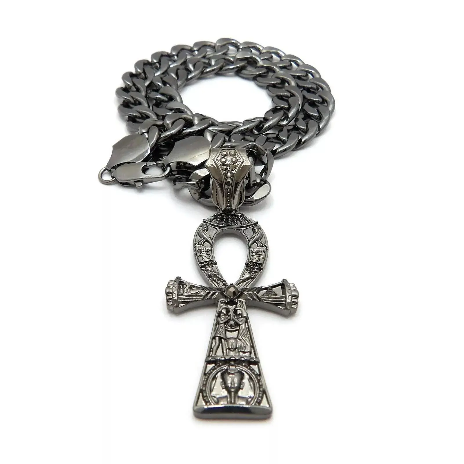 MaxBling81 Hematite-Plated Black Ankh Necklace - Bold Cross Design, Cross Chain Design, Men's Jewelry, Chunky Necklaces, Unisex Hip Hop Style, 20-in 11mm Cuban Link Chain, Tarnish-Resistant Shine Stays Fresh, for Daily Wear