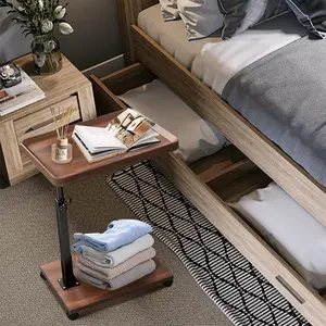 End Table C Shape Adjustable Height, 360°Swivel Side Table with Wheels, Wood and Metal TV Tray Table