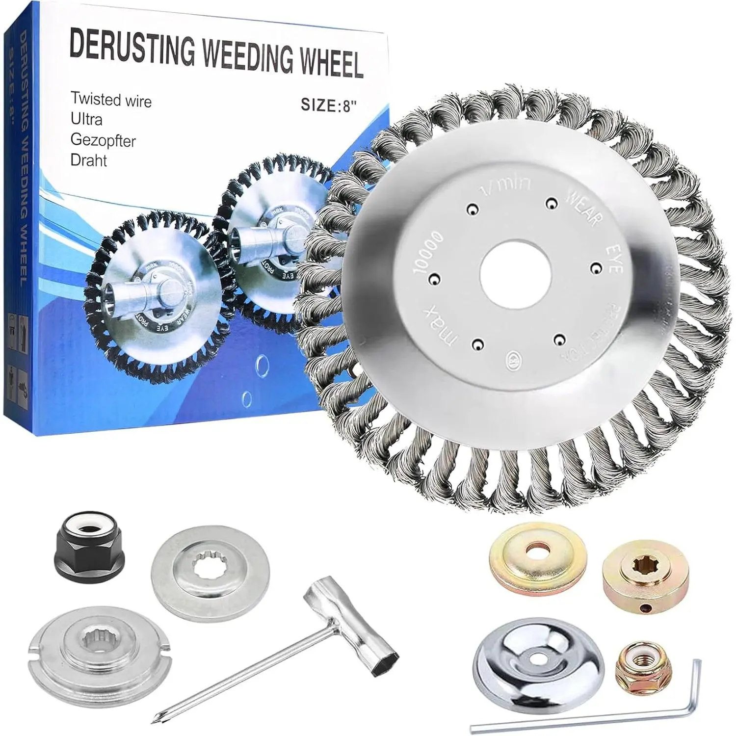 8 Inch Steel Wire Weed Wheel Brush  Trimmer ,  Weed Eater Attachments, Unbreakable Wired Trimmer   with 2 Pack of Adapters kit for Weed Wacker