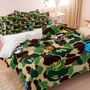 Trendy Camouflage Cartoon Duvet Cover Set, 1 Duvet Cover & 1-2 Pillowcases, Classic ABC Camo & Q Version Cartoons, Soft Comfort, Street Style Cool Bedroom Decor, Gift for Teens, Streetwear Enthusiasts