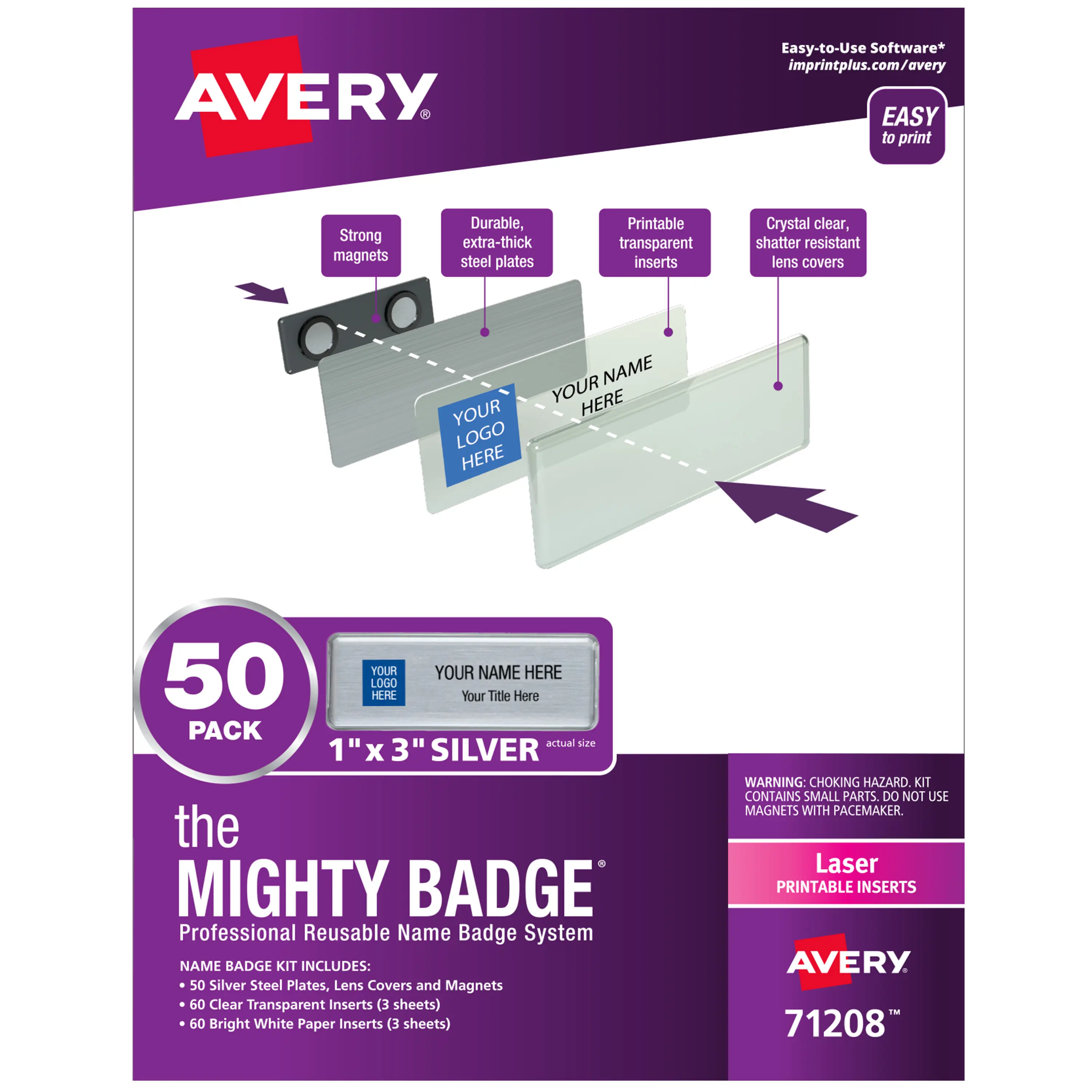 Avery Reusable Magnetic Professional Name Badge System, 1" x 3" Silver Name Tags, 50 Identification Badges, 120 Laser Printable Inserts, Design Software Included (71208)