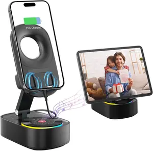 Portable Bluetooth Speaker, Wireless Induction Speaker for Phone Tablet, Phone Stand with Speakers, 2000mAh Wired Charging, Colorful Lights, Small Bluetooth Speakers for Outdoor Travel, Gift for Father Dad