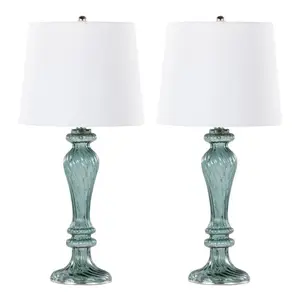 Windsor 25" Contemporary Glass Table Lamp in Clear Turquoise Glass with Off-White Linen Shade and Polished Nickel Accents from Grandview Gallery by LumiSource - Set of 2