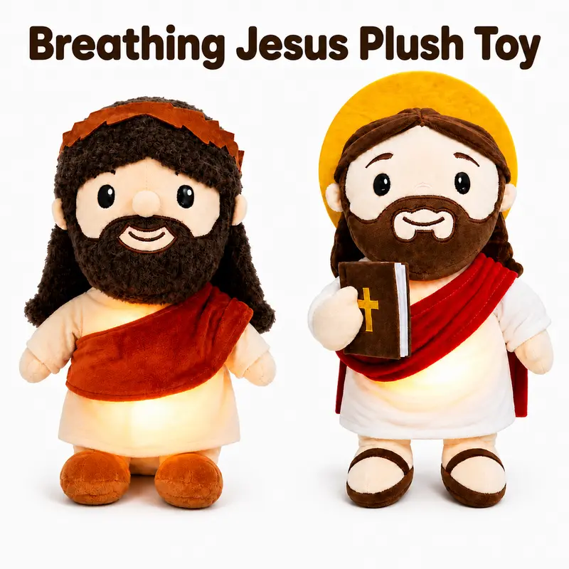 Christian Soft Plush Breathing Jesus Stuffed Toy Doll - Faithful Look, Brown Hair & Beard, Cream Robe with Red Sash, Gentle Motion, Unisex Collectibles for Adults, Easter Baskets Decor Gift