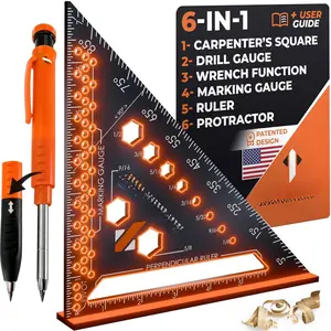 6-in-1 Carpenter Square 7 inch (1/16" Precision) T Square Multi-Purpose Carpenter Tools : Wrench, Square, Protractor, Ruler, Marking Gauge, Drill Gauge, Includes 2-in-1 Carpentry Pencil