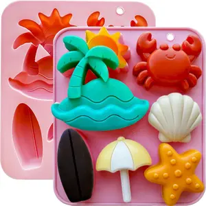 2Pcs Tropical Beach Theme Silicone Molds, 6-Cavity Summer Ocean Silicone Chocolate Molds with Palm Tree Crab Seashell Starfish Surfboard Jello Mold for Baking Candy, Gummy, Ice Cube, Soap, Resin
