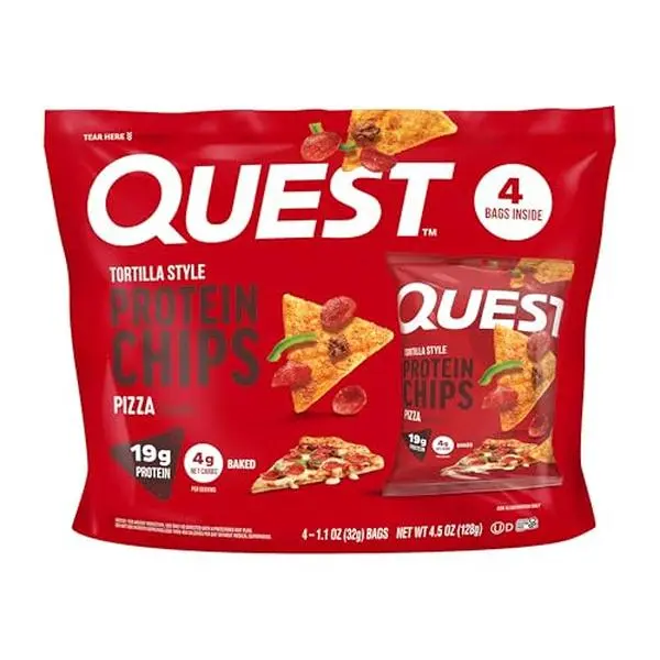 Quest Nutrition Pizza Tortilla Style Protein Chips, 19g Protein, 4g Net Carbs, High Protein Snack, Low Carb, Gluten Free, 1.01 oz bags, 4 Count