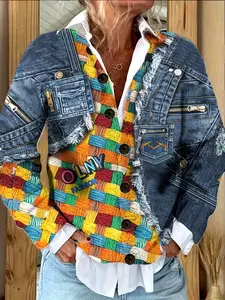 Women's 3D Denim Print Open Front Cardigan, Long Sleeve Button Design, All-Season Layering, Hand Wash/dry Clean, Fashion Style