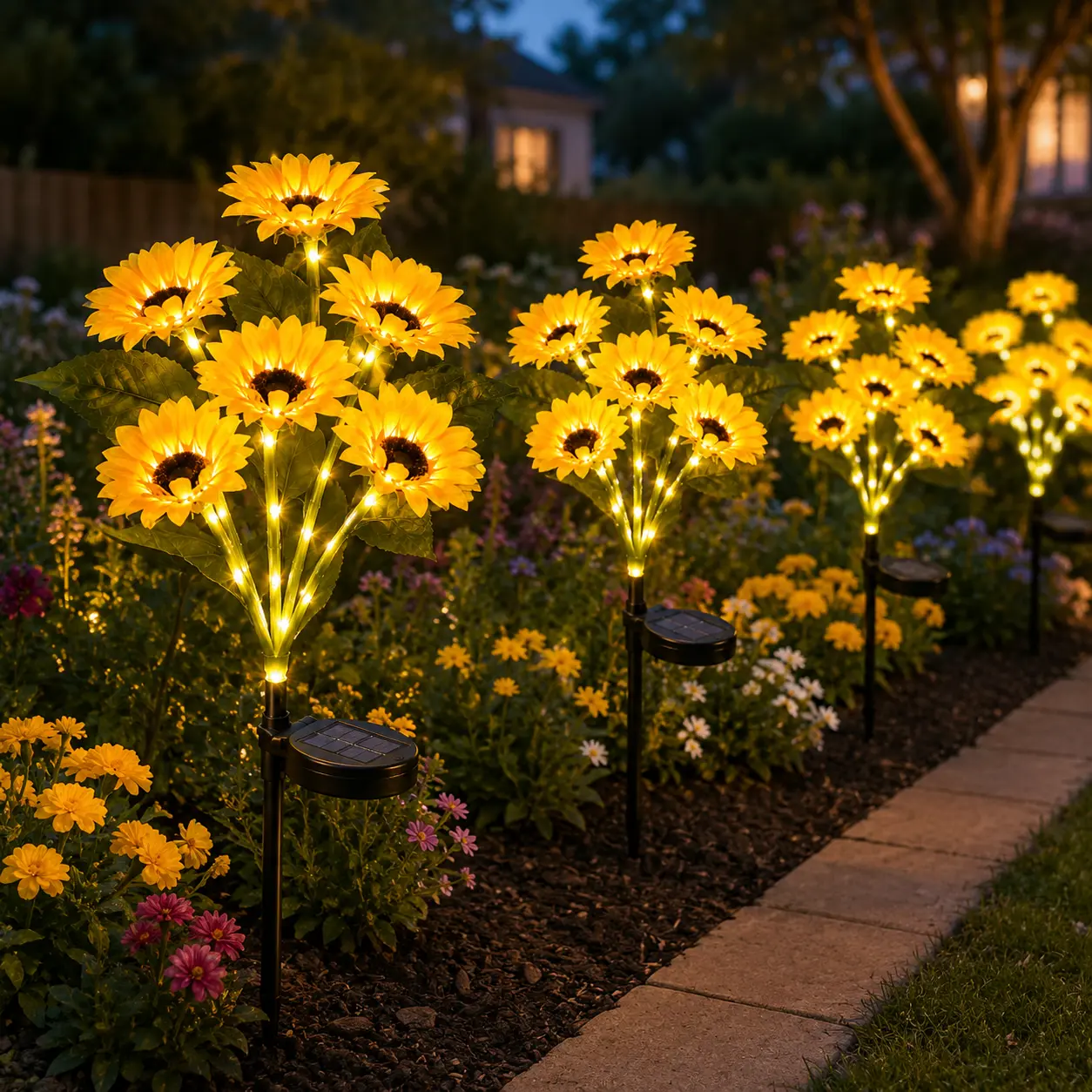 6-Head Realistic Solar Sunflower Stake Lights, Warm Glow Weatherproof Waterproof LED Solar Lights with 6-12H Long Working Time, Outdoor Walkway Landscape & Holiday Decorations