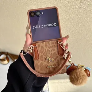 Samsung Galaxy Fold Phone Case, Leopard Trojan + Fur Ball Hand Strap Pendant Anti-Drop Protective Cover Compatible with Samsung Galaxy Z Flip Series Accessories