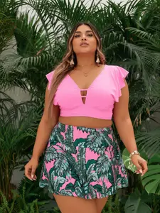 Plus Size Tankini Set for Women, Boho 2-Piece featuring a High Waisted Tropical Skirt and Cut-Out Ruffle V-Neck Crop Top