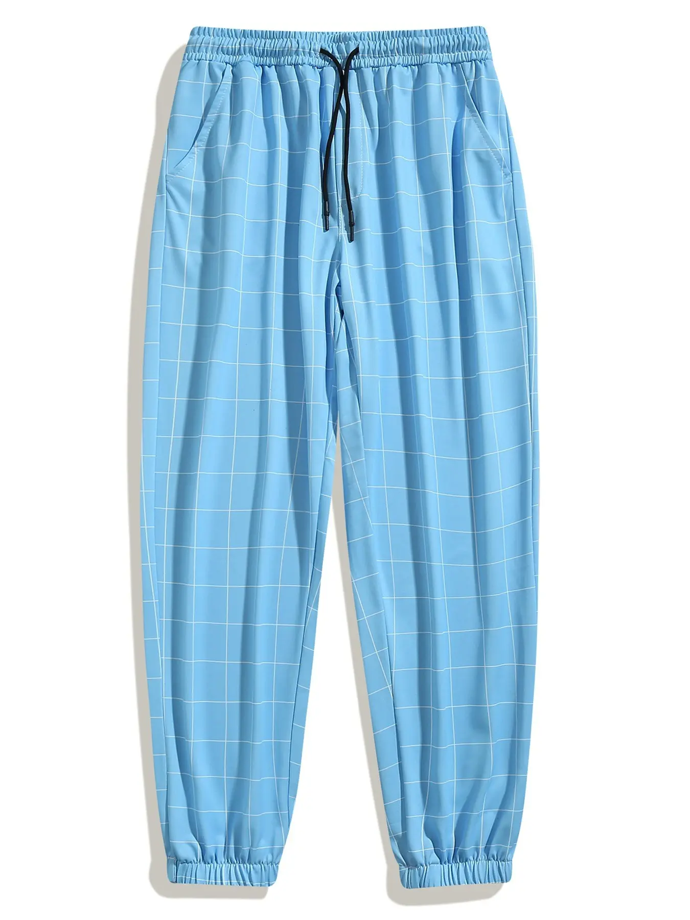 Men's Plaid Drawstring Cargo Pants, Casual Elastic Waist Striped Sweatpants, Daily Wear Breathable Slim Fit Conical Pants