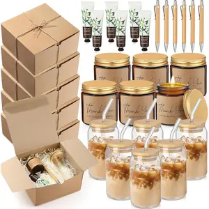 Reallnaive 6 Sets Baby Shower Prizes for Game Winners, Baby Shower Favors Including Glass Cup Scented Candles Hand Cream Pens Gift Box with Raffia for Gender Reveal Wedding Bridal Party Prizes(Khaki)