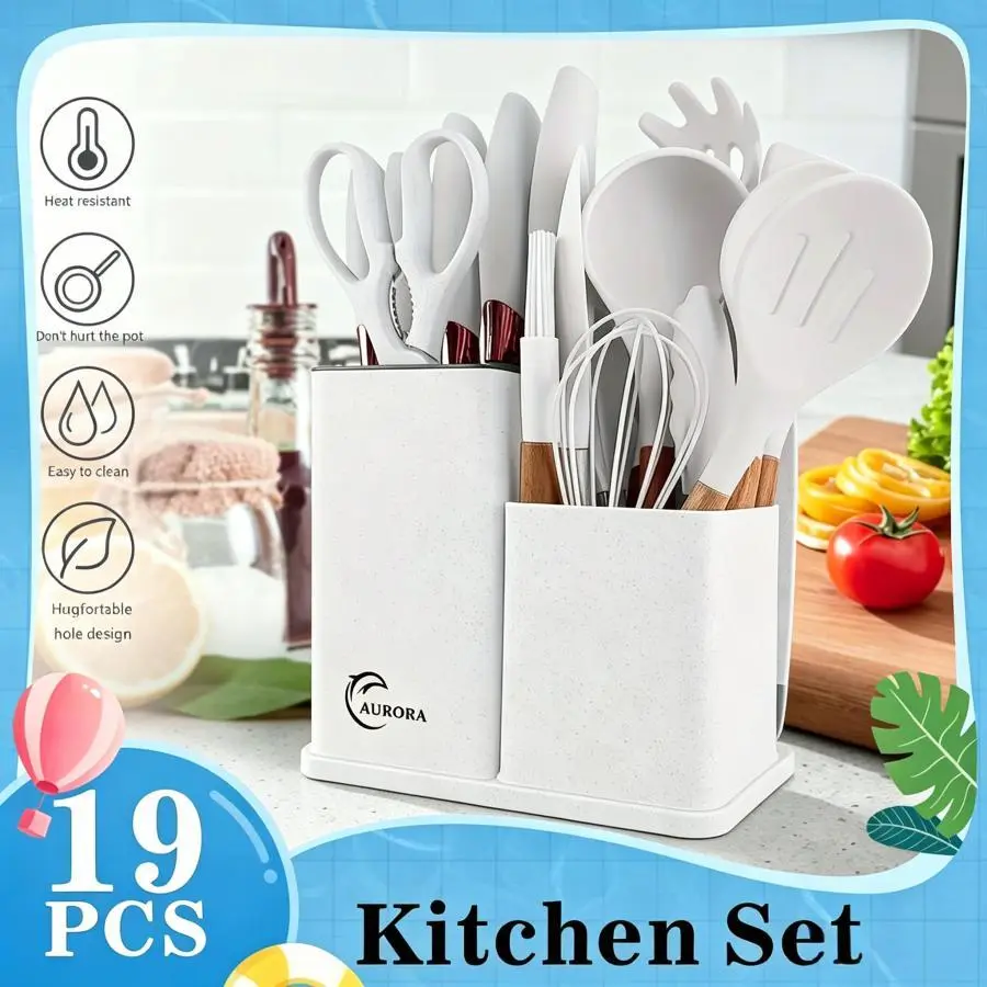 19-piece kitchen set paired with asilicone utensil set-professional,nonstickpan spatula and stir-frying spatula;essentialfor home cooking.