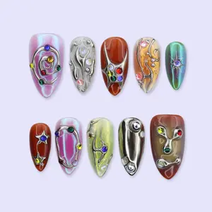 Y2K Press On Nails with Chrome Design And Colorful Gem | Medium Almond Fake Nails | Handmade Nails Art for Festival, Party, Streetwear Looks