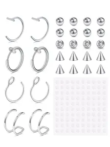 Fake Lip Ring Faux Nose Rings Stainless Steel Non-Piercing, Replacement Balls Spike with 100pcs Sticker Non-Piercing Body Jewelry Fake Skin Piercing Spiral Nose Ring