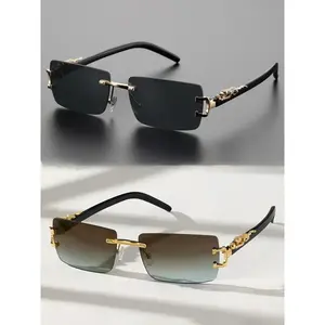 Viral 2PCS Rimless Rectangle Sunglasses - Gold Animal Accent Frameless Shades with Gradient Lens UV400, Unisex Retro Y2K Luxury Style Sun Glasses for Driving Party Photoshoots & Everyday Chic Looks