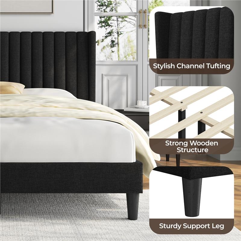 Costoffs Linen Fabric Upholstered Bed Frame Queen with Wood Slat Ventilation 6" Under-Bed Space Easy Assembly