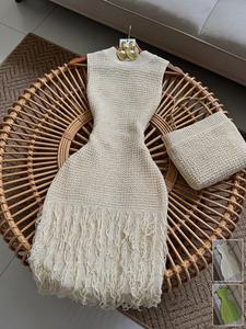 Summer Boho Midi Dress, Rice Lace Trim Fringe Backless Bodycon Long Dress, Sleeveless High Neck Fitted Dress, Casual Daily Wear