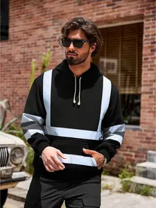 Men's Reflective Wool Casual Hoodie Jacket with Glow Strips, Multi-Pocket Design, Windproof Warm Hooded Pullover for Construction and Outdoor Safety