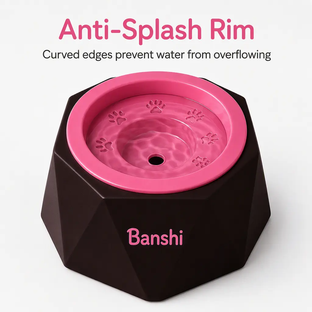 Banshi 1.5L Food Grade Pet Water Bowl with Floating Plate, Splash Guard, Dry Fur Design, Faceted Base - Anti-Wet Neck, Dust-Proof, No-Spill Dog & Cat Feeding Accessory