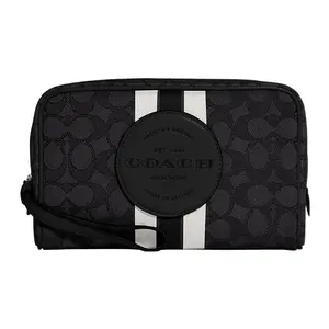 COACH Dempsey 20 Leather Wristlet Cosmetic Bag with Signature Monogram and Striped Print for Women