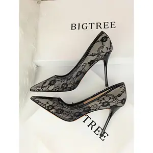 Women's Mesh Hollow Design with Contrast Lace Pointed Toe Stiletto Heeled, Stylish Elegant High Heeled Dress Formal Shoes for Party, Perfect Footwear for Outfit Matching, Wedding Party ShoesRAIMENTRY