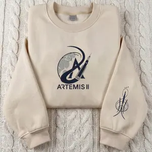 NASA Artemis II Embroidered Crewneck Sweatshirt, Space Mission Hoodie, Moon Landing Sleeve Design, Astronomy Gift for Him, STEM Lover Pullover