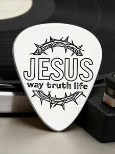 The stainless steel guitar pick engraved with the pattern of "JESUS way truth life" and Crown of thorns is a unique gift for friends and relatives on birthdays, festivals and baptisms