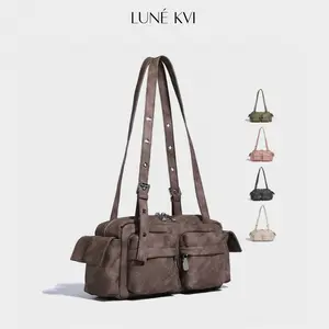 LUNÉ KVI Korean-Style Versatile Multi-Pocket Motorcycle Bag Suede Leather Large Capacity Tote Bag Vintage Fashion Messenger Bag Fall/Winter New Arrival Stylish Shoulder Bag Underarm Handbag