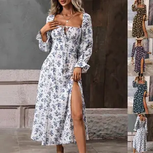 Flowers Printing Long Sleeve Dress Fashion Square-neck Bottom Slit