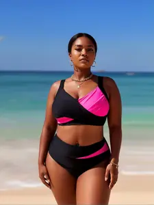 2026 New Plus Size Women's Two-Piece Swimsuit with Contrasting Colors, High-Waisted Tummy Control Slimming Thong Bottoms, Slim Fit Swimsuit, Suitable for Casual Vacations and Beach Wear. Women's Plus Size Swimsuit