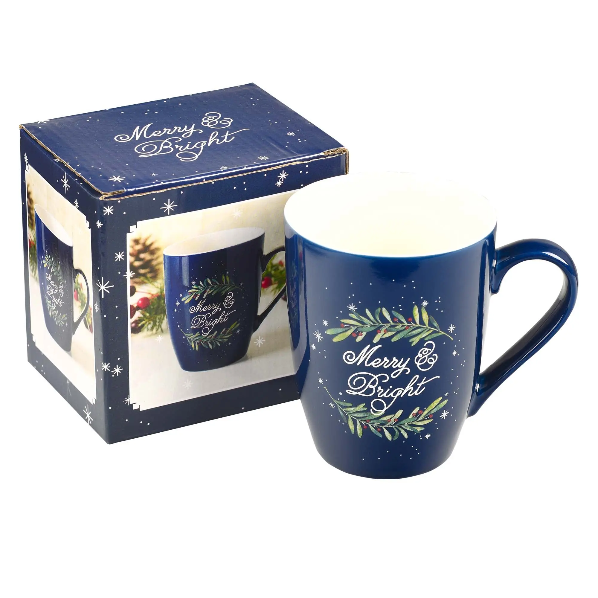 Ceramic Christmas Mug - Merry & Bright Printed, Reusable Coffee Beverage Cup for Holiday Use