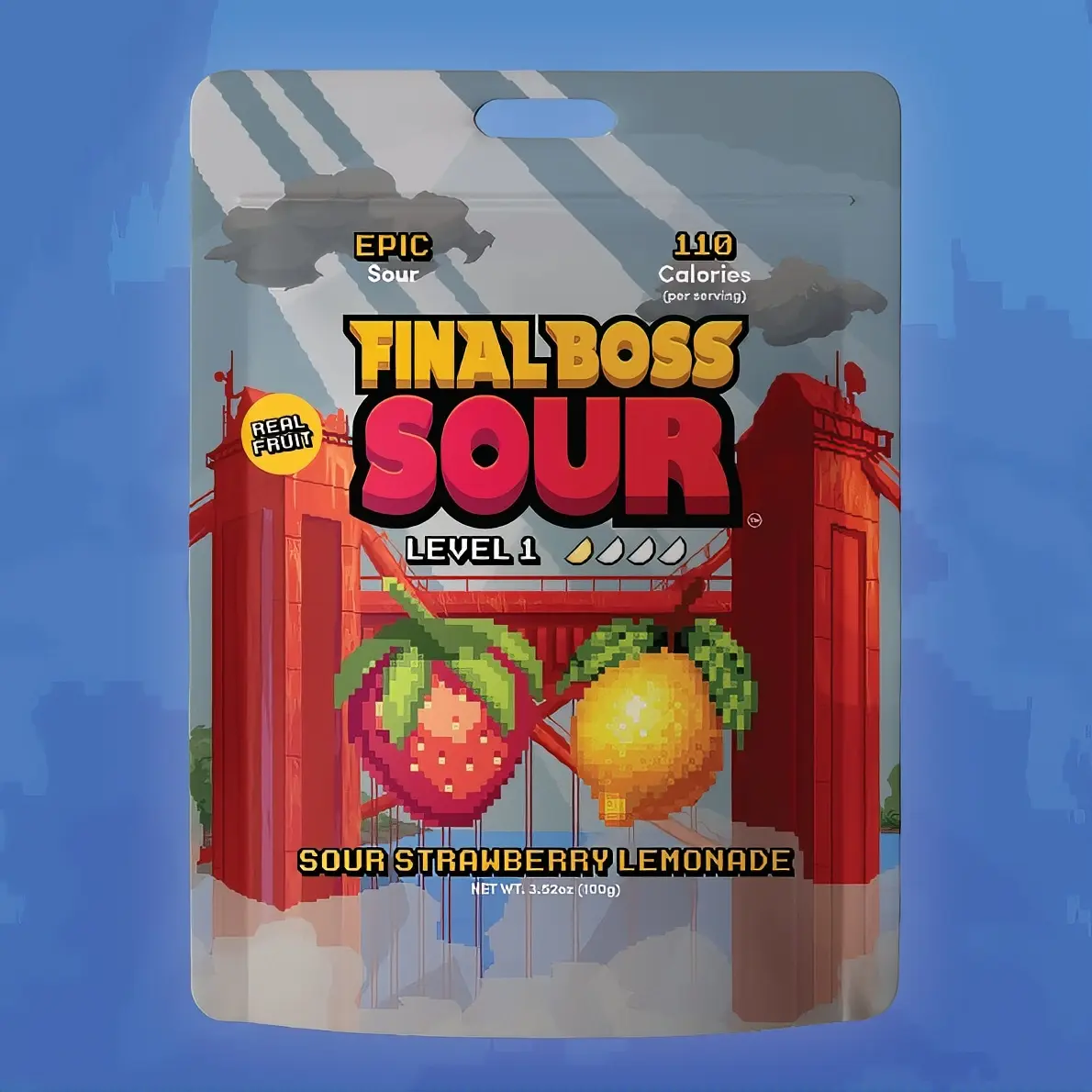 Final Boss Sour Level 1 Sour Strawberry bites Lemonade - Real Dried Strawberries, No Artificial Ingredients, High in Antioxidants, 1.06oz Resealable Pouch  Organic Chewy Fruity Candy