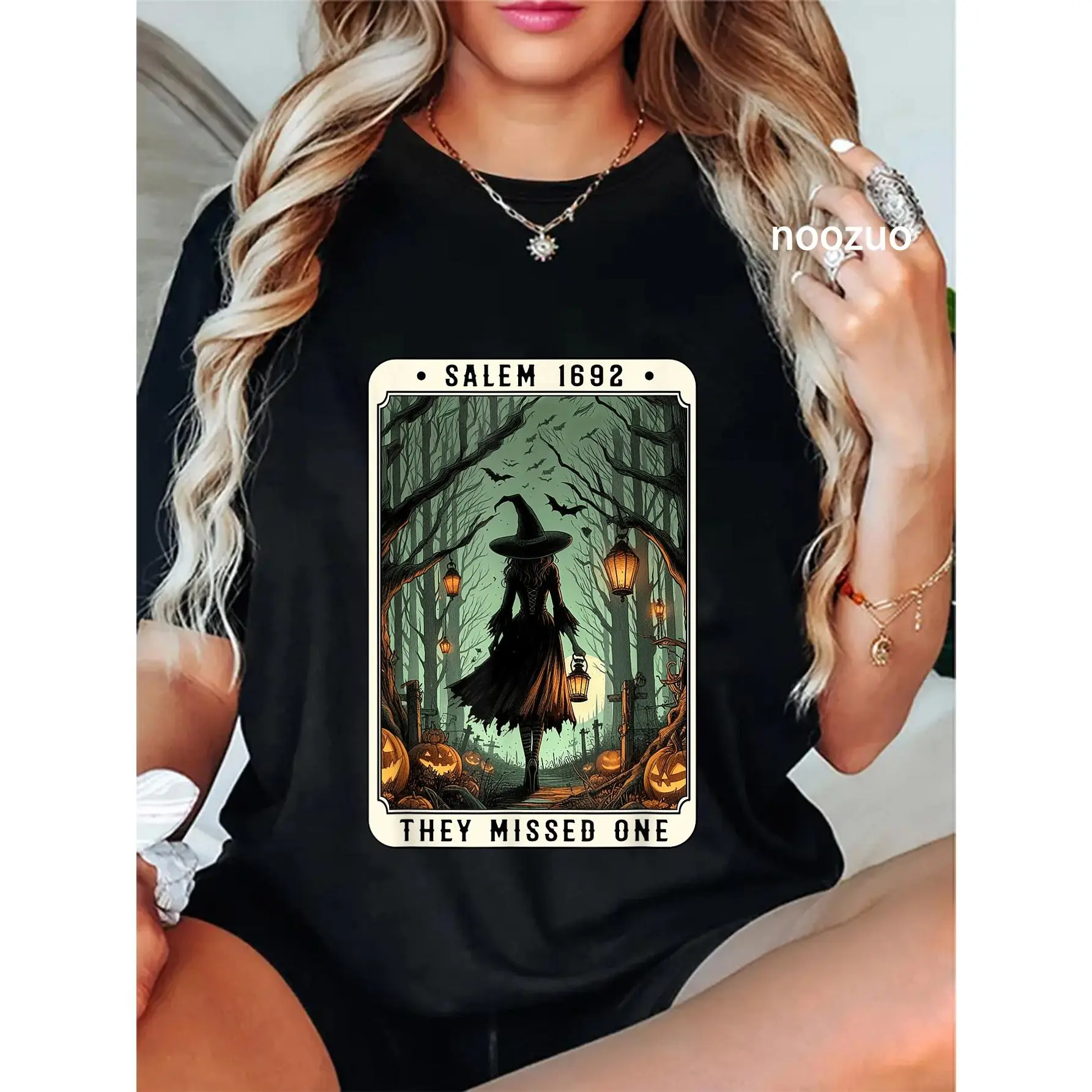 100% Cotton Salem 1692 Halloween Witch They Missed One Tarot Card Women T-Shirt