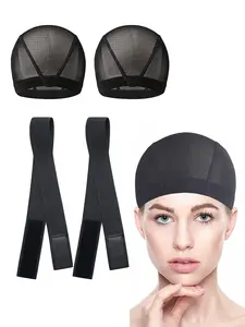 4-piece set of black wig mesh cap combination, women's mesh elastic dome cap+anti slip grip strap, used for wearing in front of wigs, can effectively reduce scalp pressure and wig shedding problems.