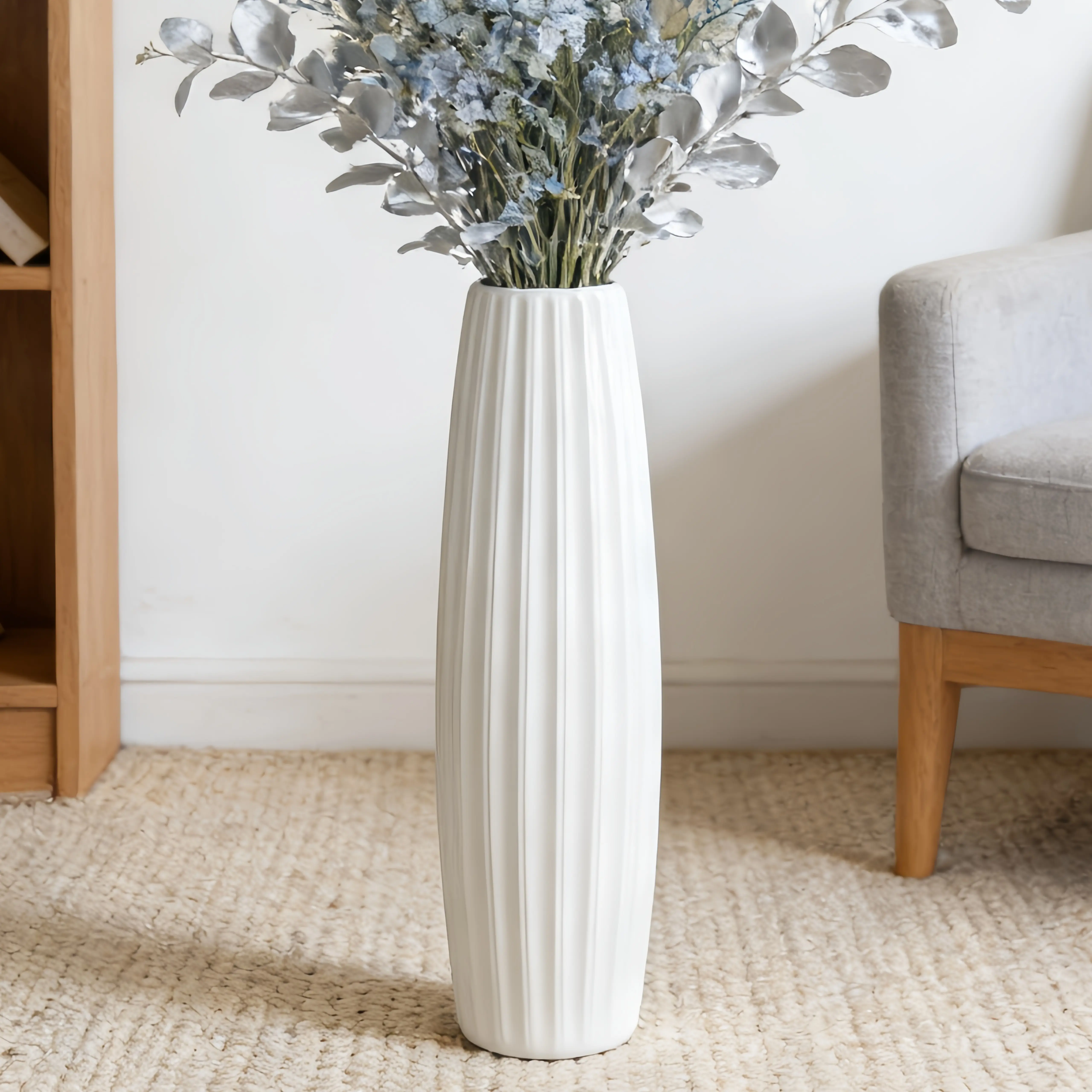 Large White Ceramic Floor Vase, Tall Textured Ribbed Vase for Pampas Grass, Modern Minimalist Home Decor Accent for Living Room Entryway Bedroom