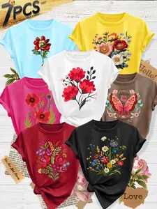 Women's 7-Pack Casual Short-Sleeve Crew Neck T-Shirt, Watercolor Floral Butterfly Poppy Print, Multiple Colors Available, Machine Washable, Spring & Summer Top, Soft Skin-Friendly Fabric, Daily Versatile, Fashion Design, Womenswear